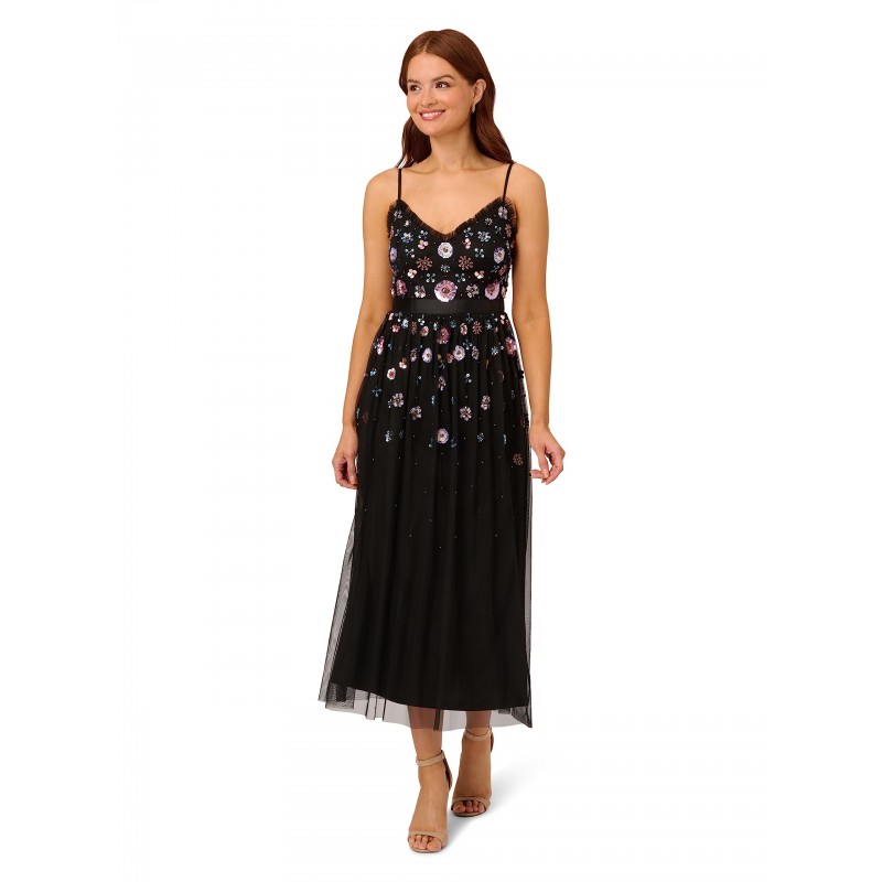 Women's Multicolor Floral Beaded Dress (Black Multi)