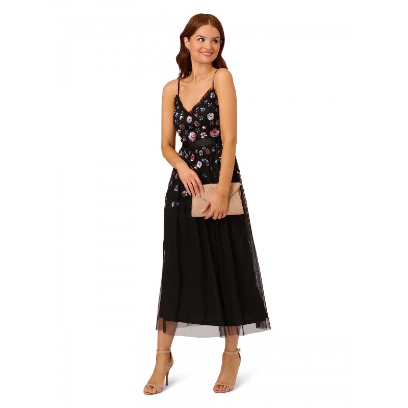 Women's Multicolor Floral Beaded Dress (Black Multi)