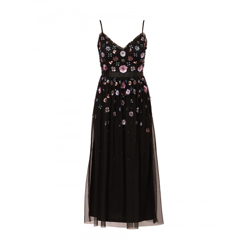 Women's Multicolor Floral Beaded Dress (Black Multi)